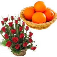 Buy 20 Fresh Red Roses Basket with 12 pcs Orange to India