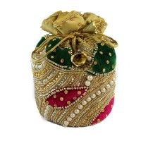 Online Bhai Dooj Pink and Green Stone Embroidery Potli Bag For Sister in India
