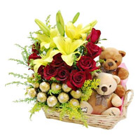 16 Ferrero Rocher, 2 Lily 12 Roses, 2 Small Teddy Basket for Valentine's Day gift