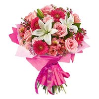 Bouquet of 6 gerbera, 6 carnation , 6 rose and 3 lily flowers for Bhai Dooj