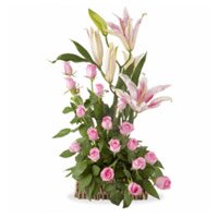 4 Pink Lily 20 Pink Roses Basket Diwali gift to India
