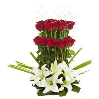Send 3 White Lily 30 Red Rose Arrangement for Diwali