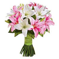 Send Bhai Dooj Flowers Bouquet of 6 pink and white lily to India