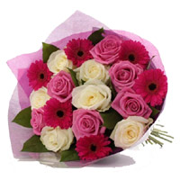 Online Red Gerbera Pink White Roses Bouquet 18 Flowers