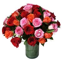 Buy Pink, Red, Orange Roses Vase 24 Flowers to India