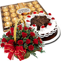 Send Gift hamper Red Roses Basket with Black Forest Cake and Ferrero Rocher Chocolate to India