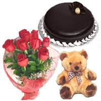 Send Bunch of 12 Red Roses, 1 kg Chocolate Truffle Cake, 9 inch Teddy for Bhai Dooj