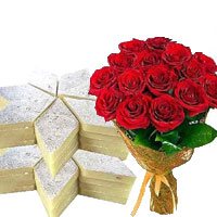 Send Bunch of 12 Red Roses with 0.5 Kg Kaju Barfi Bhai Dooj Gift to India