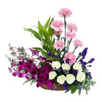 Send Orchids Carnations and Roses Arrangement 18 Flowers with Rakhi in India