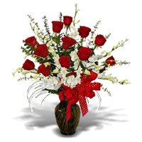Get Rakhi with 5 White Orchids 12 Red Roses Vase Delivery in India