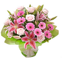 Pink Lily, Gerbera, Roses Bouquet 15 Flowers for Bhai Dooj