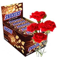 Send 32 pcs Snickers Chocolates Box with 6 Carnations Bhai Dooj Gift to India