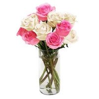 White Pink Roses Vase 10 Flowers to India