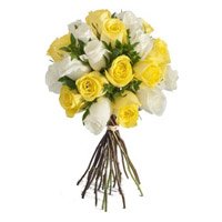 Send Yellow White Roses Bouquet 24 Flowers for Bhai Dooj