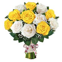 Send Yellow White Roses Bouquet 12 Flowers Bhai Dooj Gift to India