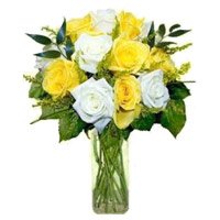 Online Yellow White Roses Vase 12 Flowers