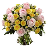 Yellow Pink Roses Bouquet 40 Flowers Bhai Dooj Gift to India
