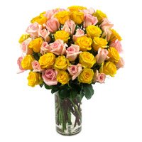 Send Yellow Pink Roses Vase 50 Flowers Delivery in India