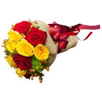 Send Red Yellow Roses Bouquet 12 Flowers for Bhai Dooj
