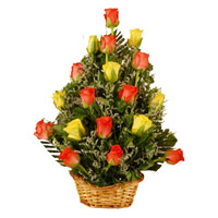 Red Yellow Roses Basket 18 Flowers to India