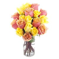 Send Yellow Pink Roses Vase 15 Flowers