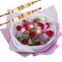 Online Rakhi Gift hamper Red Roses 5 Ferrero Rocher Bouquet delivery in India