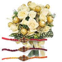 Rakhi hamper Delivery in India Ferrero Rocher with 16 White Roses Bouquet