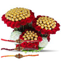 Send Online Rakhi with 96 Pcs Ferrero Rocher and 200 Red White Roses Bouquet