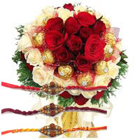Send Red White Roses chocolate Bouquet with Rakhi in India