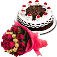 16 pcs Ferrero Rocher 30 Red Roses Bouquet 1/2 Kg Black Forest Cake for Bhai Dooj Gift