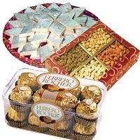 Rakhi with Dry Fruits, Chocolates and Kaju Katli Rakhi Gift hamper to India