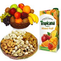 Send 1 Kg Fresh Fruits Basket with 500 gm Mix Dry Fruits and 1 ltr Mix Fruit Juice for Bhai Dooj